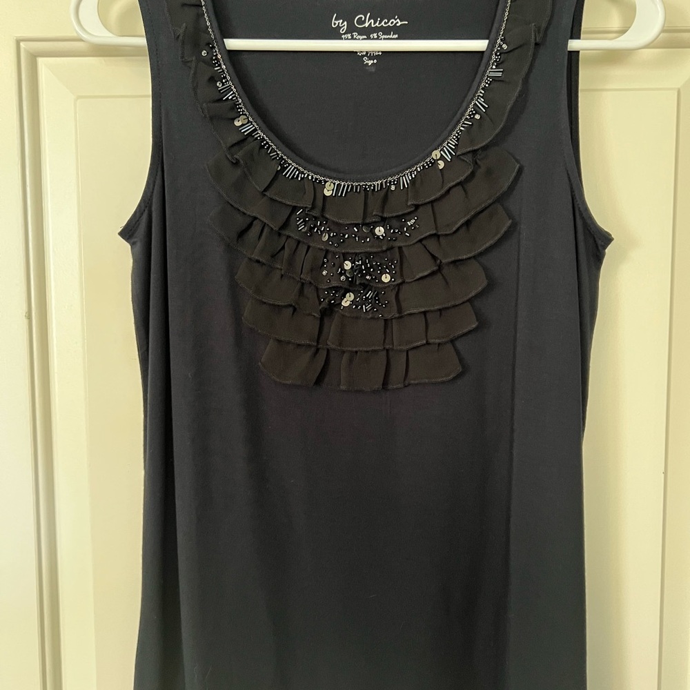 Chico's Elegant Black Tank with Beaded and Ruffle Accents